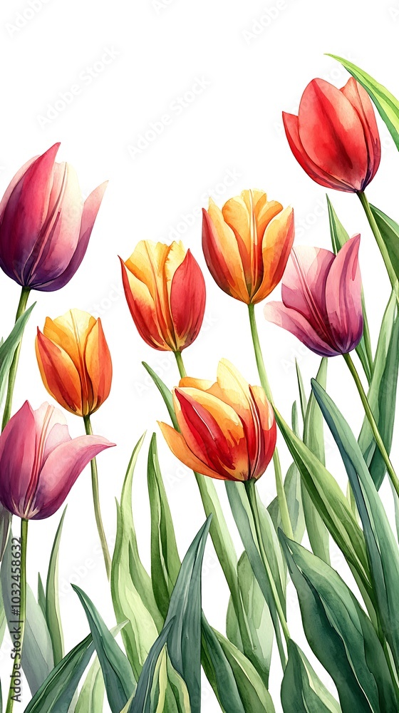 Fototapeta premium Vibrant Watercolor Painting of Blooming Tulips