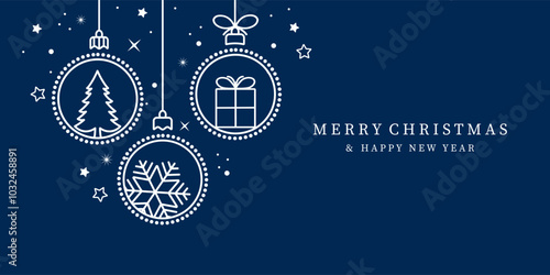 Christmas balls border isolated on a blue background. Christmas card with holidays decoration.Christmas balls border . Merry Christmas and Happy New Year background.