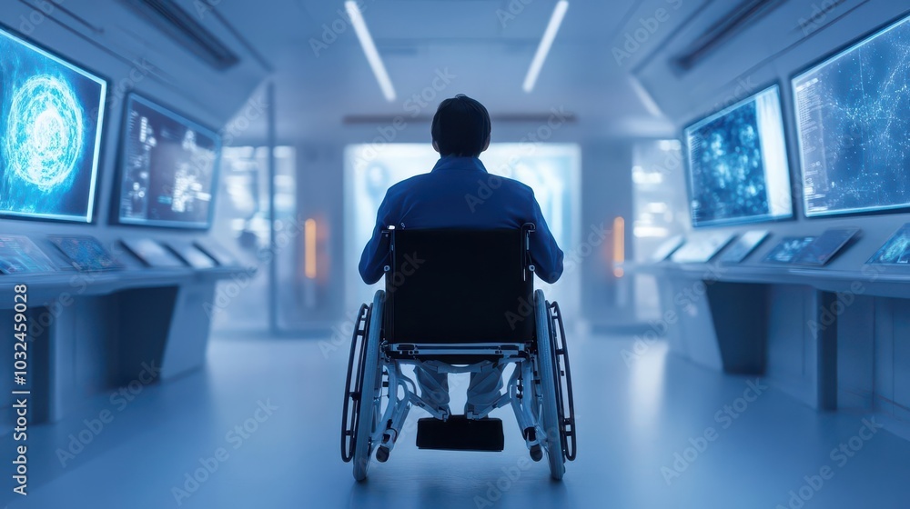 A person in a wheelchair rolling through a futuristic science lab, with holographic displays around A person in a wheelchair rolling through a futuristic science lab, with holographic displays around