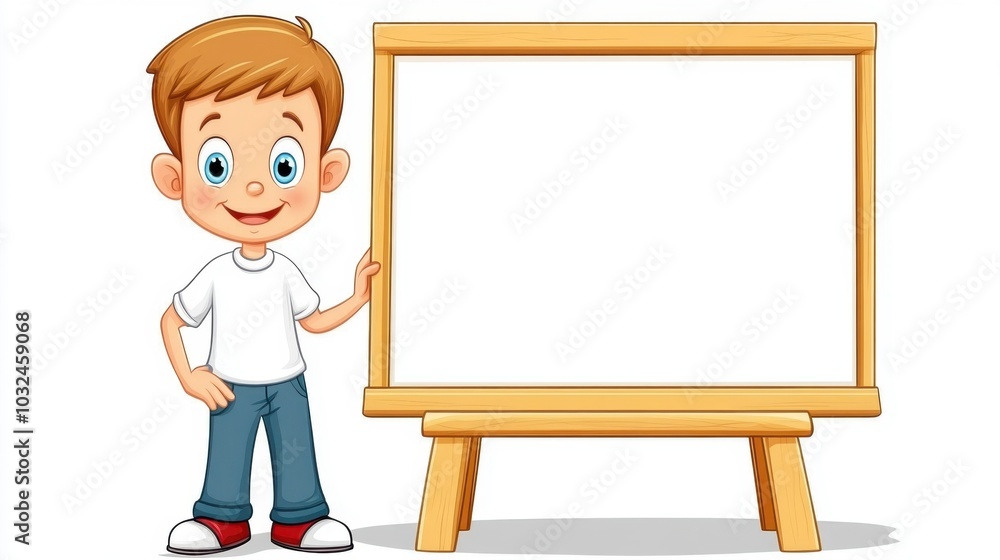 A happy cartoon boy stands next to a blank whiteboard, eager to present ideas or teach, ideal for educational and creative themes in a playful setting. A happy cartoon boy stands next to a blank whiteboard, eager to present ideas or teach, ideal for educational and creative themes in a playful setting.