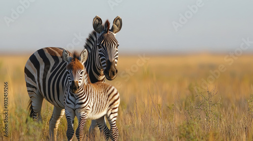 A zebra foal standing close to its mother in the South African bush, with the vast wilderness stretching out behind them under a clear sky.