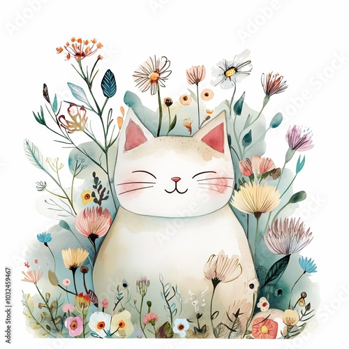 Cute funny cat and spring flowers on a white background.