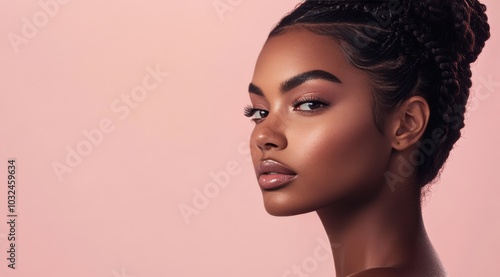 Black women with elegant braids and glowing skin on vibrant backdrops, ideal for luxury skincare or cosmetic promotions. Pink Background.