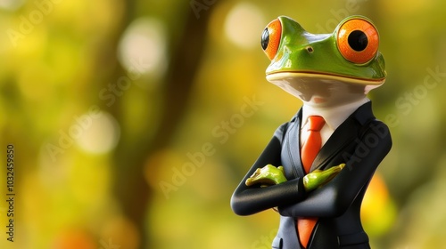 A humorous frog in a sleek business suit, standing confidently with arms crossed, ideal for unique marketing campaigns blending nature and professionalism. photo