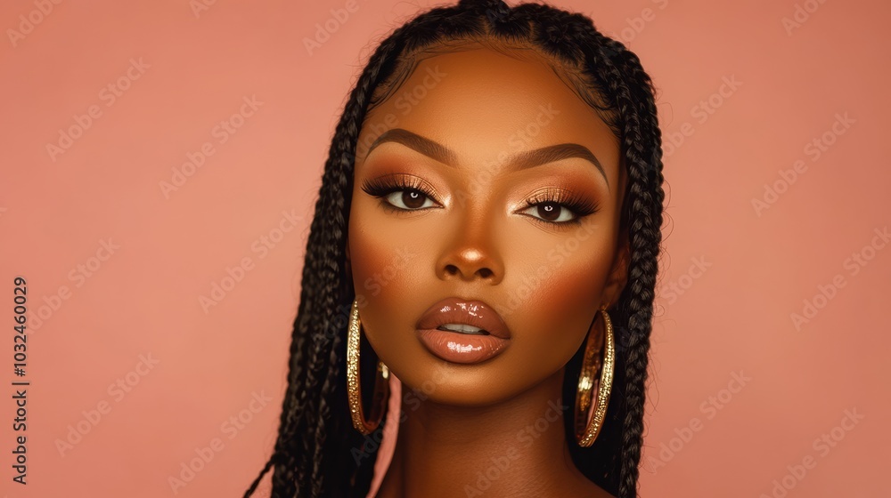 Black women with elegant braids and glowing skin on vibrant backdrops, ideal for luxury skincare or cosmetic promotions. Pink Background. Black women with elegant braids and glowing skin on vibrant backdrops, ideal for luxury skincare or cosmetic promotions. Pink Background.