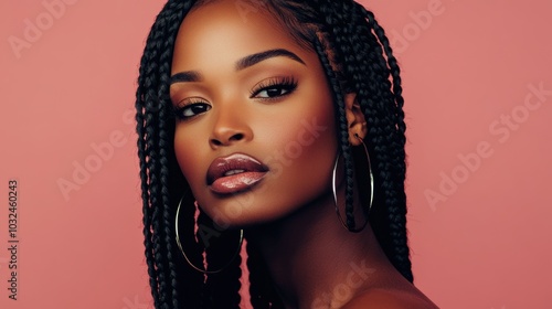 Black women with elegant braids and glowing skin on vibrant backdrops, ideal for luxury skincare or cosmetic promotions. Pink Background.