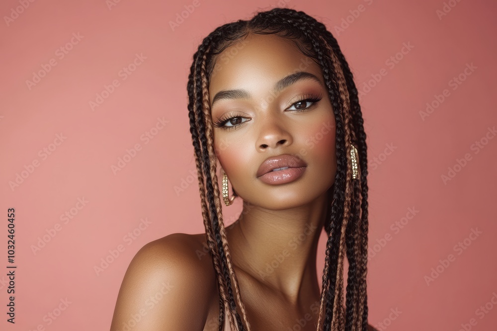 Black women with elegant braids and glowing skin on vibrant backdrops, ideal for luxury skincare or cosmetic promotions. Pink Background. Black women with elegant braids and glowing skin on vibrant backdrops, ideal for luxury skincare or cosmetic promotions. Pink Background.