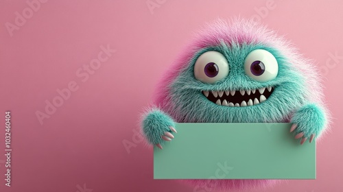 A joyful fluffy monster looks over a mint green sign on a pink backdrop, bringing a sense of fun and whimsy to any design.