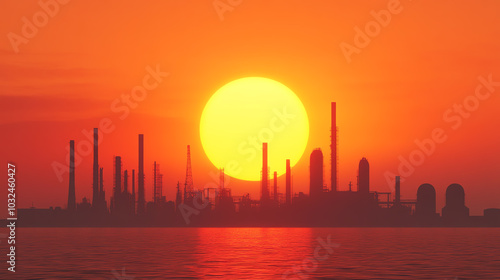 A beautiful sunset over an industrial skyline, with silhouettes of towers and structures against the vibrant orange sky, reflecting on the water.