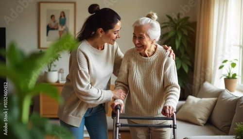 A joyful moment between a senior woman and her caregiver in a cozy living room during the afternoon, both smiling while engaging warmly with each other