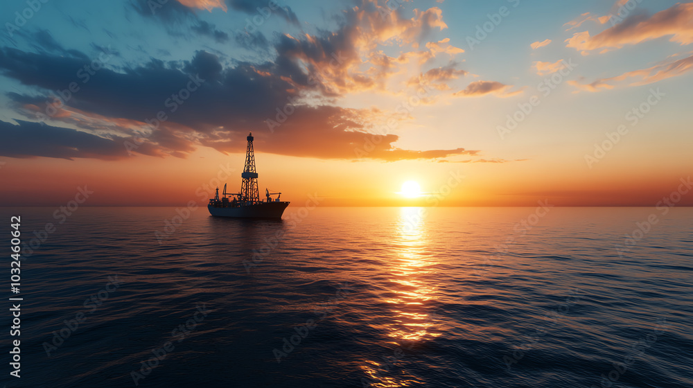 A serene sunset view over the ocean, featuring an offshore oil rig silhouetted against the vibrant sky, creating a tranquil industrial scene. A serene sunset view over the ocean, featuring an offshore oil rig silhouetted against the vibrant sky, creating a tranquil industrial scene.