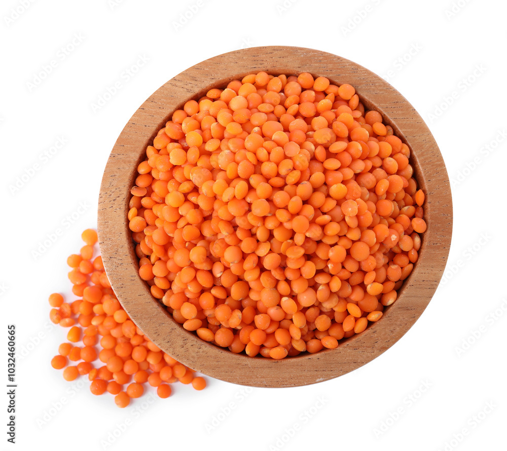 Raw lentils in bowl isolated on white, top view Raw lentils in bowl isolated on white, top view