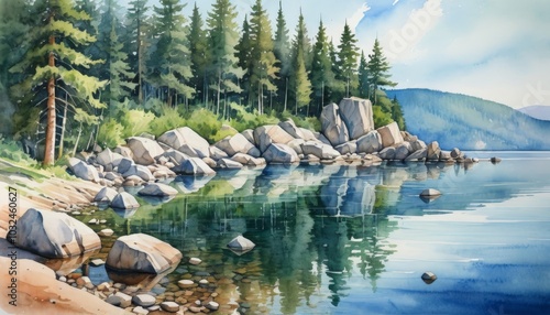 A serene lakeside view unfolds, with smooth stones along the shore and tall pine trees framing the vibrant water. The day's light casts enchanting reflections, creating a peaceful atmosphere, watercol photo