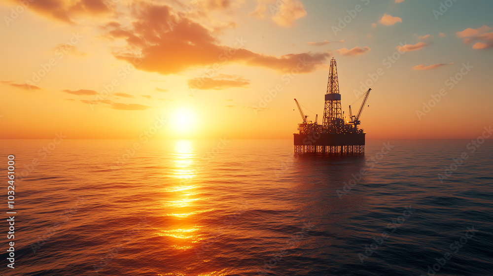 A vibrant sunset capturing an oil rig in the ocean, reflecting warm hues on the water's surface, symbolizing energy and industry. A vibrant sunset capturing an oil rig in the ocean, reflecting warm hues on the water's surface, symbolizing energy and industry.