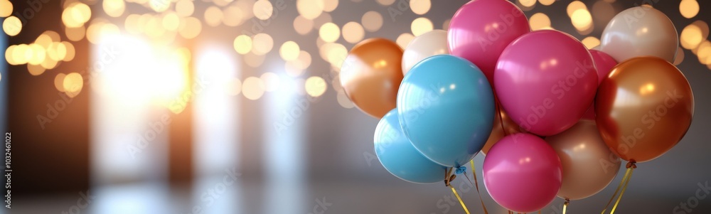 Balloons are in a vase with a string of lights in the background Balloons are in a vase with a string of lights in the background