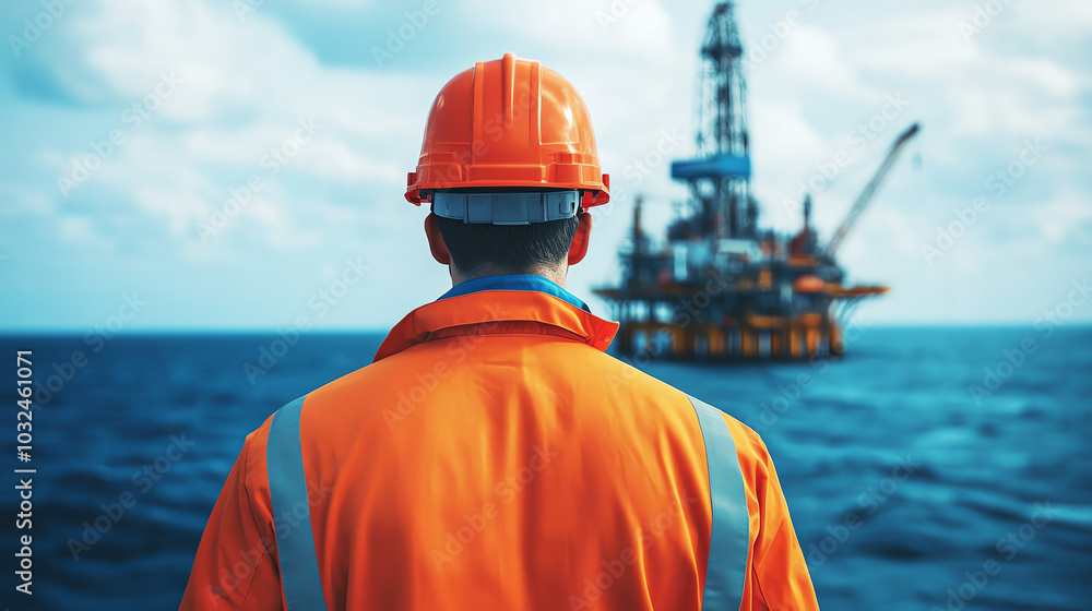 A worker in an orange safety suit and helmet observes an offshore oil rig, showcasing the vastness of the ocean and industrial operations. A worker in an orange safety suit and helmet observes an offshore oil rig, showcasing the vastness of the ocean and industrial operations.