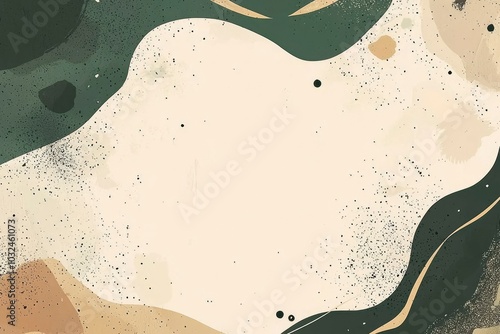 Abstract Painting with Green, Beige, and Black Swirls and Spots