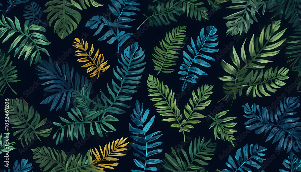 Collection of tropical leaves,foliage plant in blue color with space background, Painting-Art, Provocative-Art, Watercolor-Art Collection of tropical leaves,foliage plant in blue color with space background, Painting-Art, Provocative-Art, Watercolor-Art