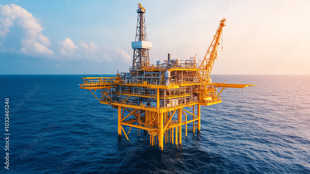 Aerial view of a vibrant yellow oil drilling rig offshore, surrounded by calm ocean waters under a clear blue sky.