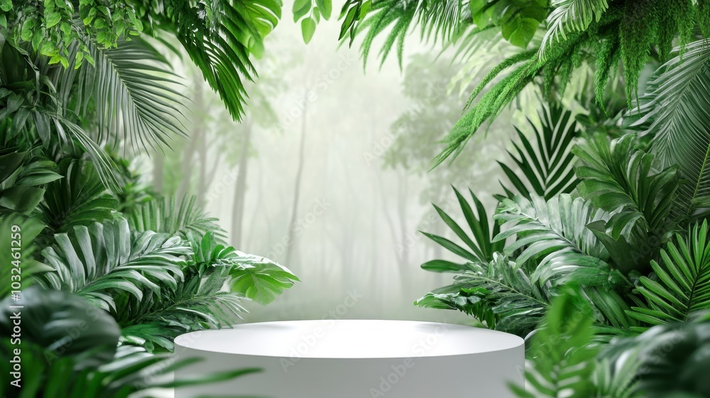 Obraz premium A minimalistic display podium enveloped by lush greenery, creating a serene and natural backdrop perfect for showcasing products