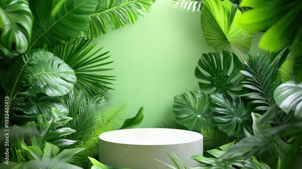 A minimalistic podium encircled by lush green plants, perfect for displaying products in a calm, nature-inspired atmosphere. A minimalistic podium encircled by lush green plants, perfect for displaying products in a calm, nature-inspired atmosphere.