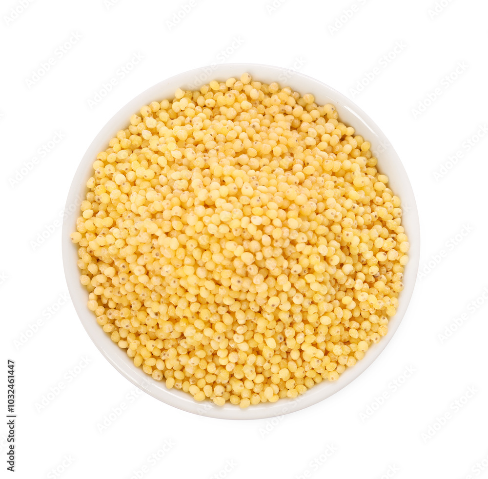 Millet groats in bowl isolated on white, top view Millet groats in bowl isolated on white, top view