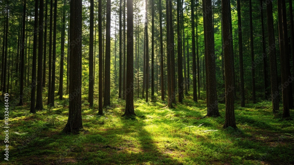 A serene forest with tall trees, sunlight streaming through the canopy casting shadows, and a lush green forest floor highlighted by dappled light. A serene forest with tall trees, sunlight streaming through the canopy casting shadows, and a lush green forest floor highlighted by dappled light.
