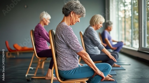 Seniors enjoying a chair yoga class at a local community center, practicing seated poses under natural light