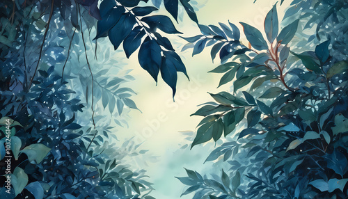Collection of tropical leaves,foliage plant in blue color with space background, Painting-Art, Provocative-Art, Watercolor-Art
