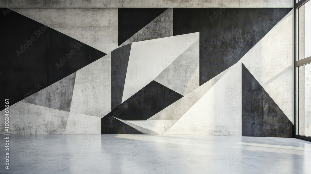 Monochromatic geometric mural with sharp squares and triangles in black white and gray Monochromatic geometric mural with sharp squares and triangles in black white and gray