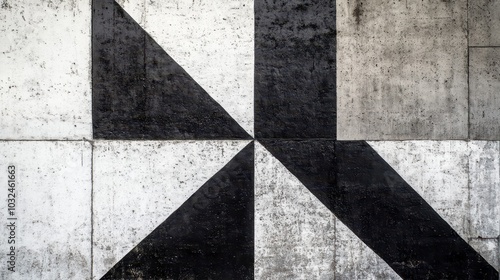Black white and gray mural with overlapping squares and triangles creating sharp shapes