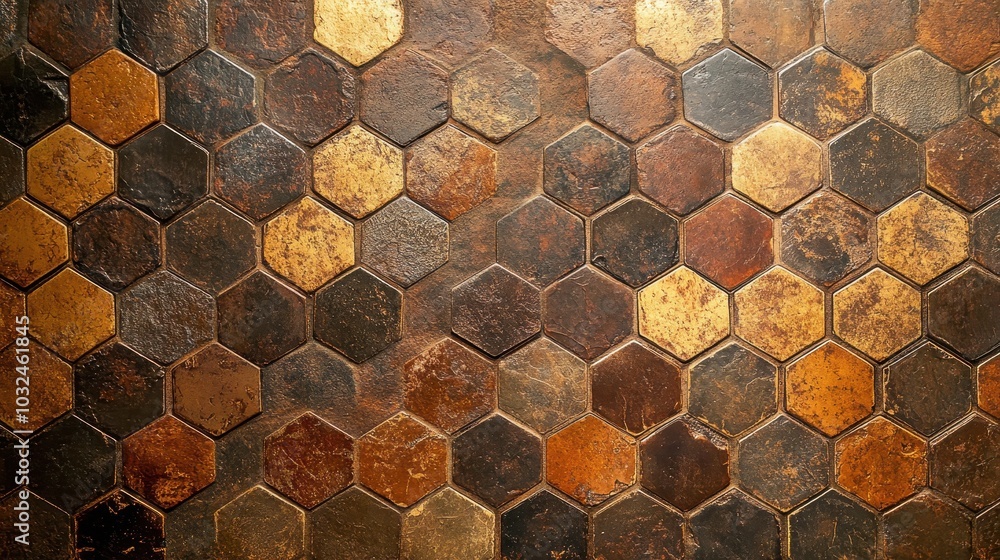 Complex mosaic wall of earth-toned tiles forming a gradient with geometric shapes Complex mosaic wall of earth-toned tiles forming a gradient with geometric shapes