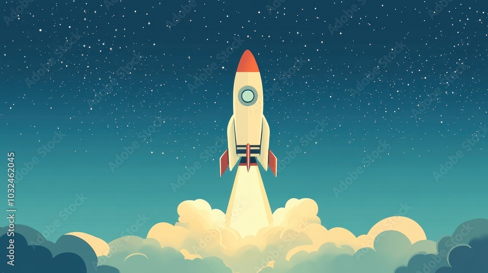 Fototapeta premium A powerful rocket ascends through a starry blue sky, capturing the spirit of innovation and exploration in a dynamic scene.