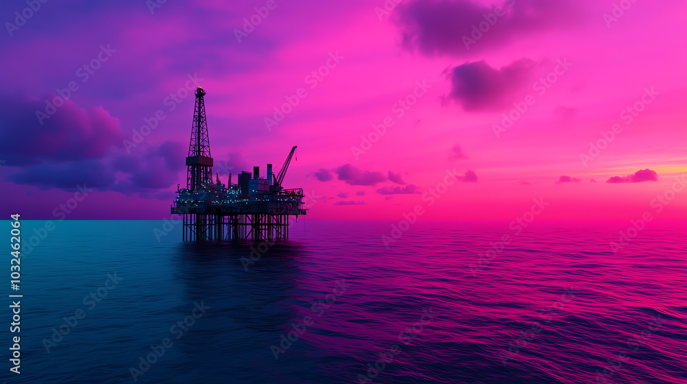 Fototapeta premium An oil rig at sunset, surrounded by vibrant hues of purple and blue. The scene captures the intersection of nature and industry in a tranquil ocean setting.