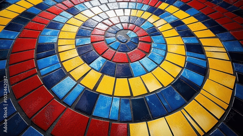Naklejka premium Circular mosaic in primary colors forming a spiral pattern creating optical motion