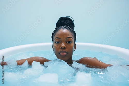 black woman in ice bath, young female athlete after training uses cold therapy for repair of muscules, ice bath pod, health benefits of ice photo