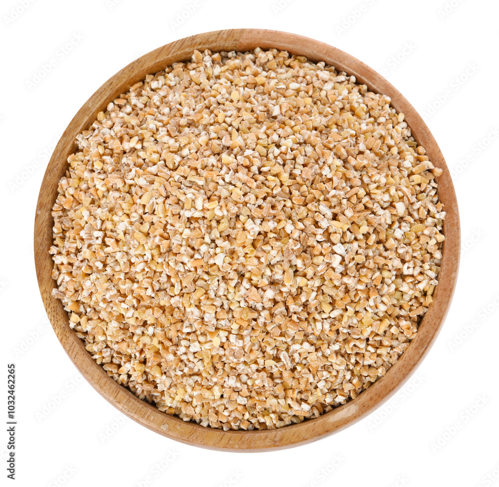 Dry wheat groats in wooden bowl isolated on white, top view Dry wheat groats in wooden bowl isolated on white, top view