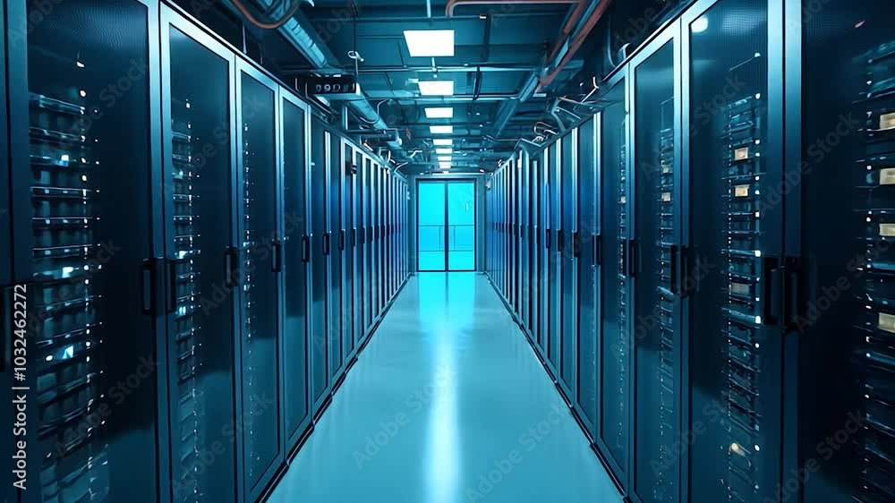 Data Center Server Room with Rows of Servers and Blue Lighting Data Center Server Room with Rows of Servers and Blue Lighting