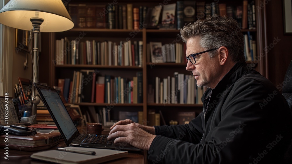 Senior man in his 70s learns a new language online at home as part of his New Year's resolution to expand his knowledge and skills in a cozy office environment Senior man in his 70s learns a new language online at home as part of his New Year's resolution to expand his knowledge and skills in a cozy office environment