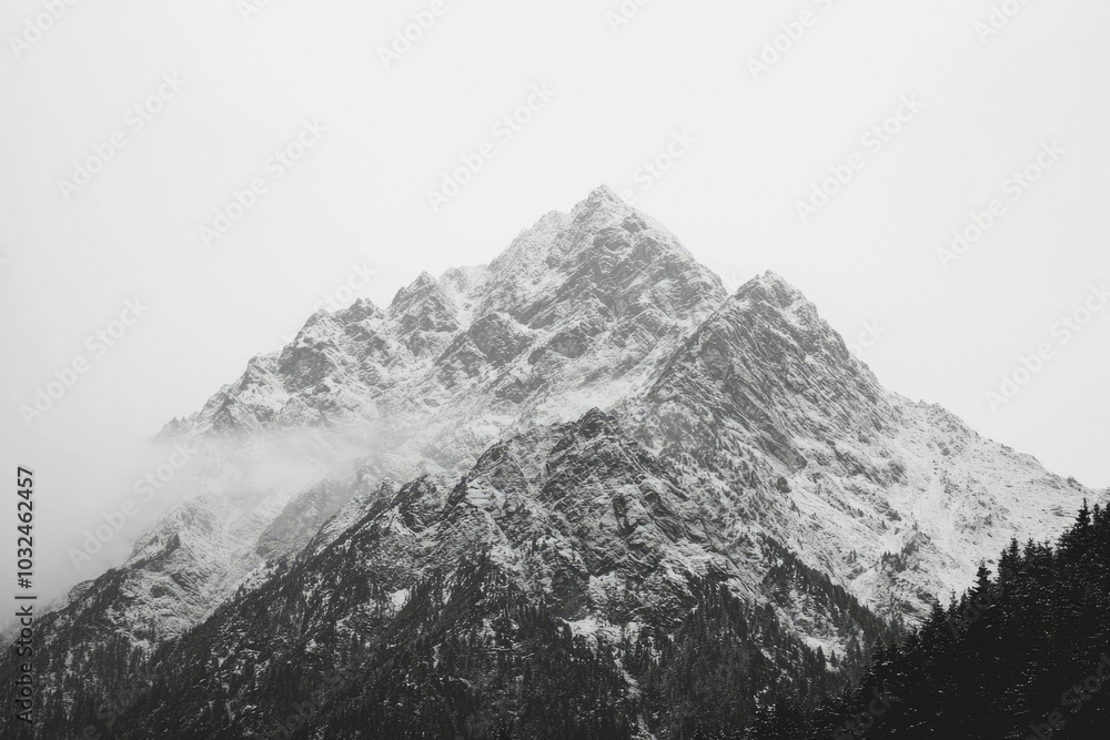 Obraz premium Snow-Covered Mountain Peak with Forest Below in Foggy Conditions