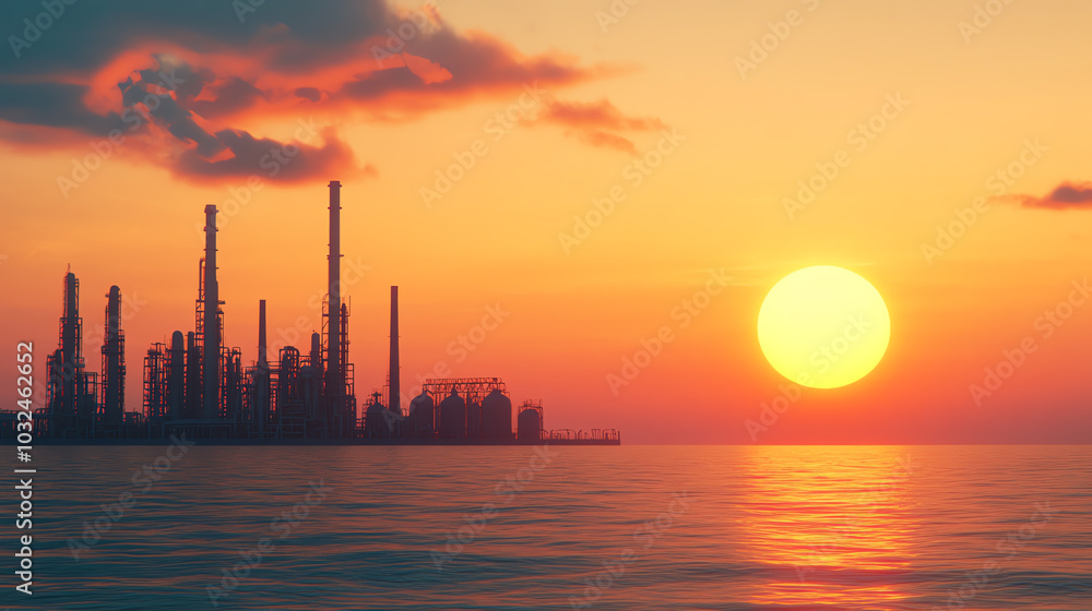 Industrial skyline silhouette at sunset over calm water, showcasing factories and smokestacks against a vibrant orange and blue sky. Industrial skyline silhouette at sunset over calm water, showcasing factories and smokestacks against a vibrant orange and blue sky.