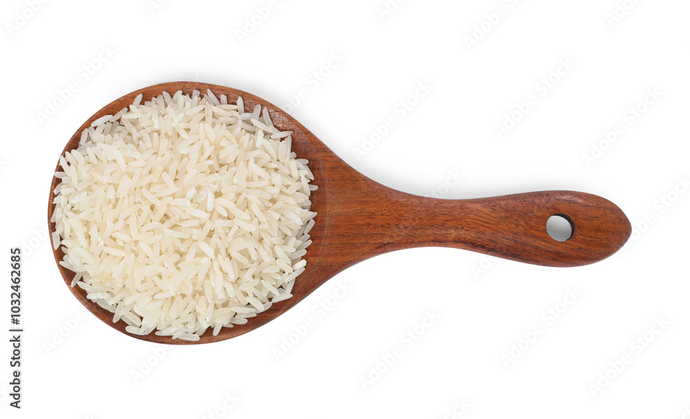 Spoon with raw rice isolated on white, top view Spoon with raw rice isolated on white, top view