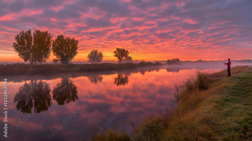 Obraz premium Stunning sunrise over reflective calm river