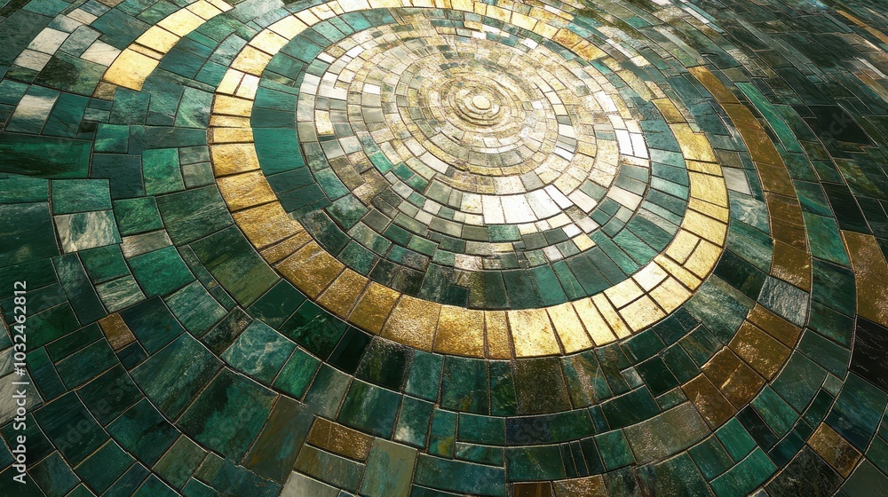 Naklejka premium Circular mosaic with spiraling tiles in shades of emerald green gold and white