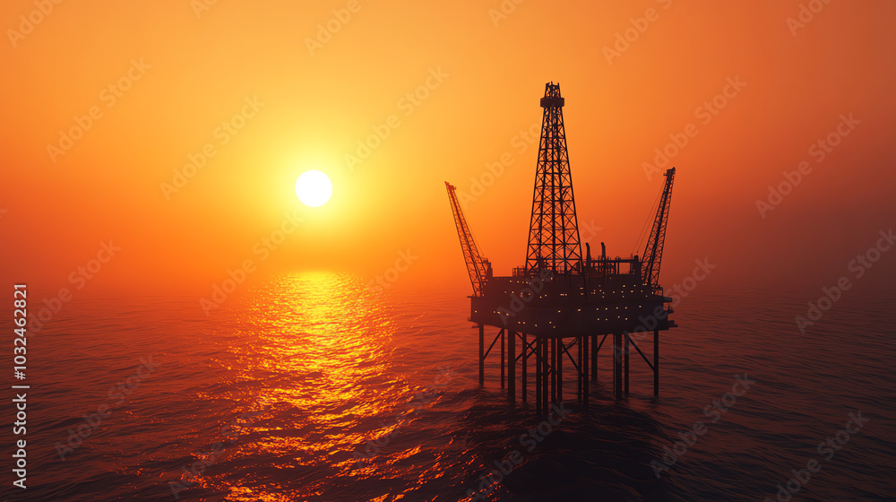 Obraz premium Offshore oil rig silhouetted against a vibrant sunset, casting reflections on the calm sea. A depiction of energy production and maritime engineering.