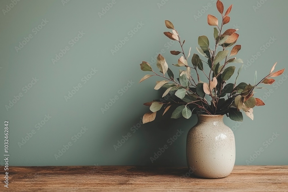 A Speckled Ceramic Vase with Sprigs of Green and Brown Leaves Against a Green Wall A Speckled Ceramic Vase with Sprigs of Green and Brown Leaves Against a Green Wall
