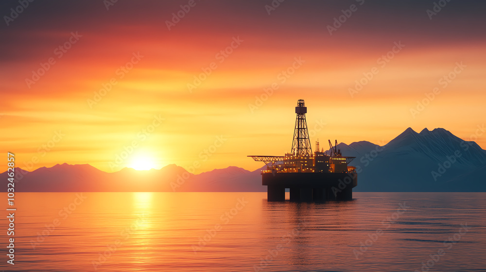 Oil rig at sunset in the ocean, silhouetted against a vibrant sky with mountains in the background, creating a stunning seascape. Oil rig at sunset in the ocean, silhouetted against a vibrant sky with mountains in the background, creating a stunning seascape.