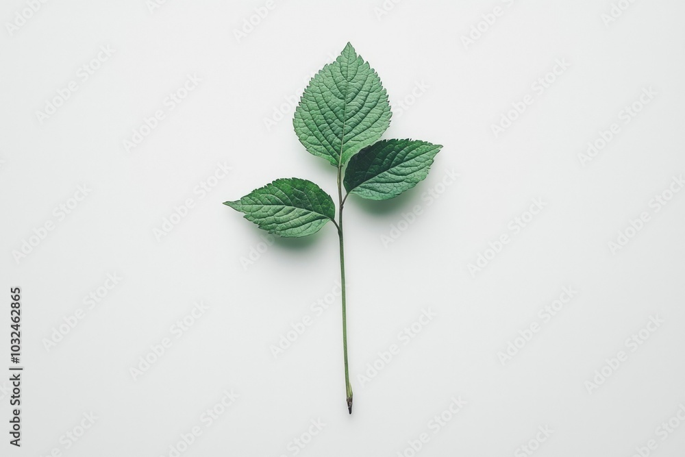 Three Green Leaves on a Stem Against a White Background Three Green Leaves on a Stem Against a White Background