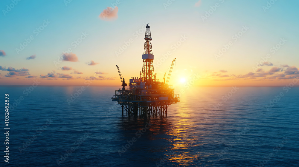 Oil rig in the ocean at sunset, showcasing the industrial sector and natural beauty of the seascape, with warm colors illuminating the sky. Oil rig in the ocean at sunset, showcasing the industrial sector and natural beauty of the seascape, with warm colors illuminating the sky.