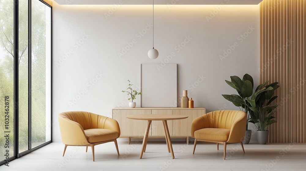 Mid-Century Modern Dining Nook with Leather Chairs and Wooden Accents, Featuring a Mockup Frame for Artwork Display Mid-Century Modern Dining Nook with Leather Chairs and Wooden Accents, Featuring a Mockup Frame for Artwork Display